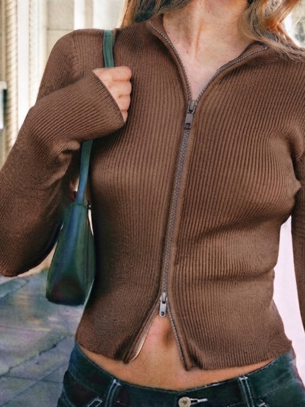 Brandy Melville Brown Ribbed Dual Zip up Sweater - Cropped - Like New Condition